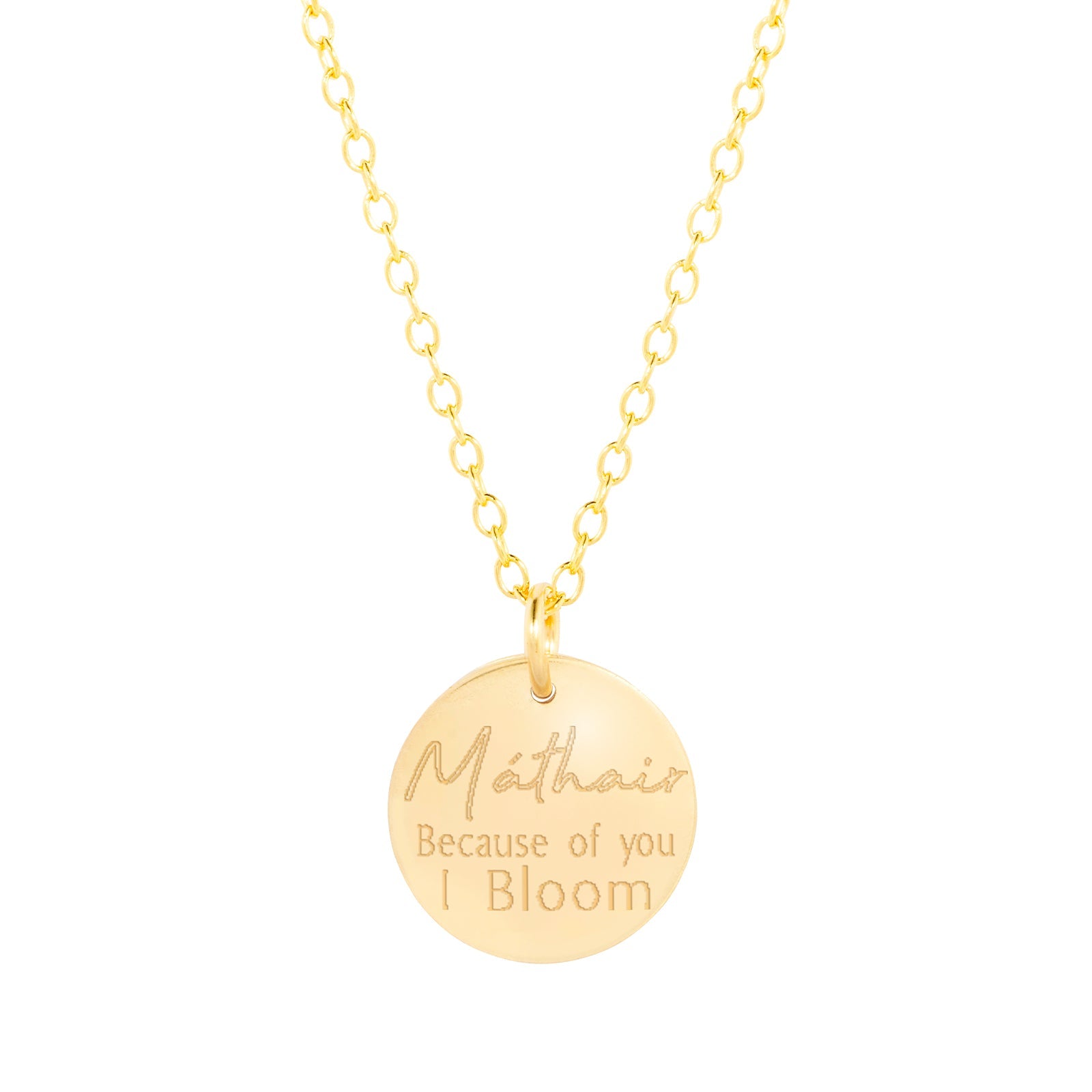 Back view of the Mathair Bloom Necklace engraved with the word “Mathair”, the Irish word for mother.