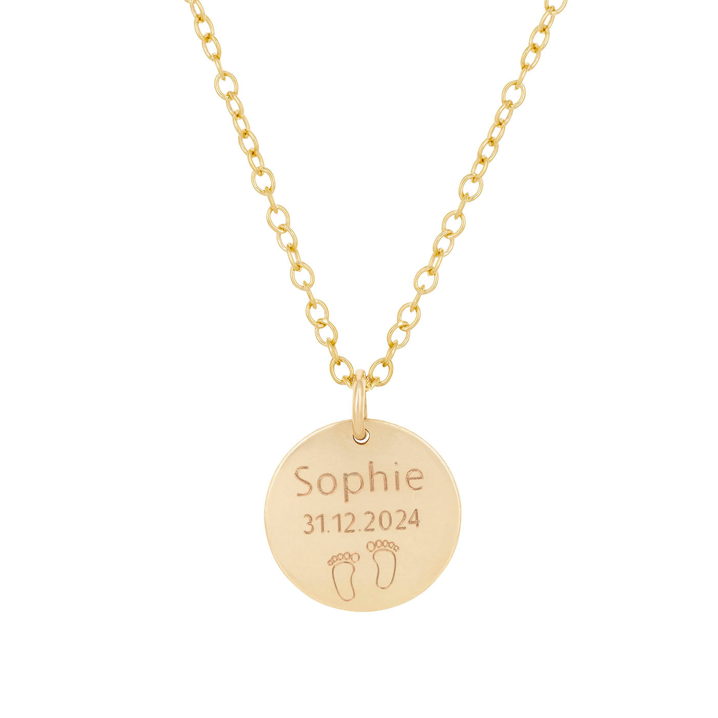 New Baby Name Necklace with Date + Baby Feet Gold