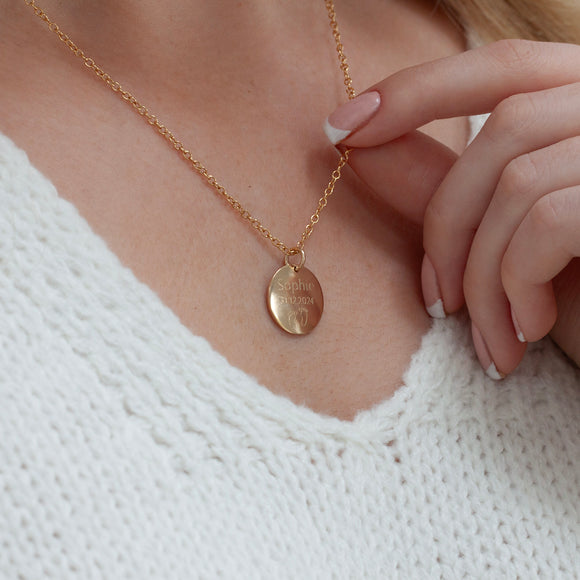 New Baby Name Necklace with Date + Baby Feet Gold