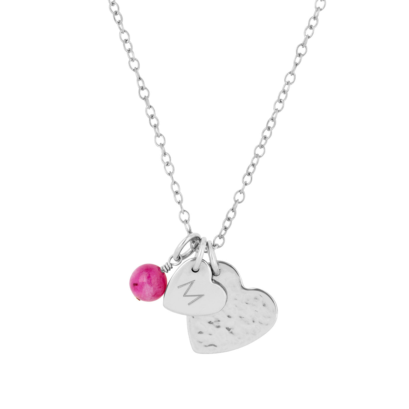 silver double heart necklace with initial and birthstone