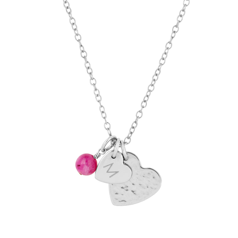 silver double heart necklace with initial and birthstone