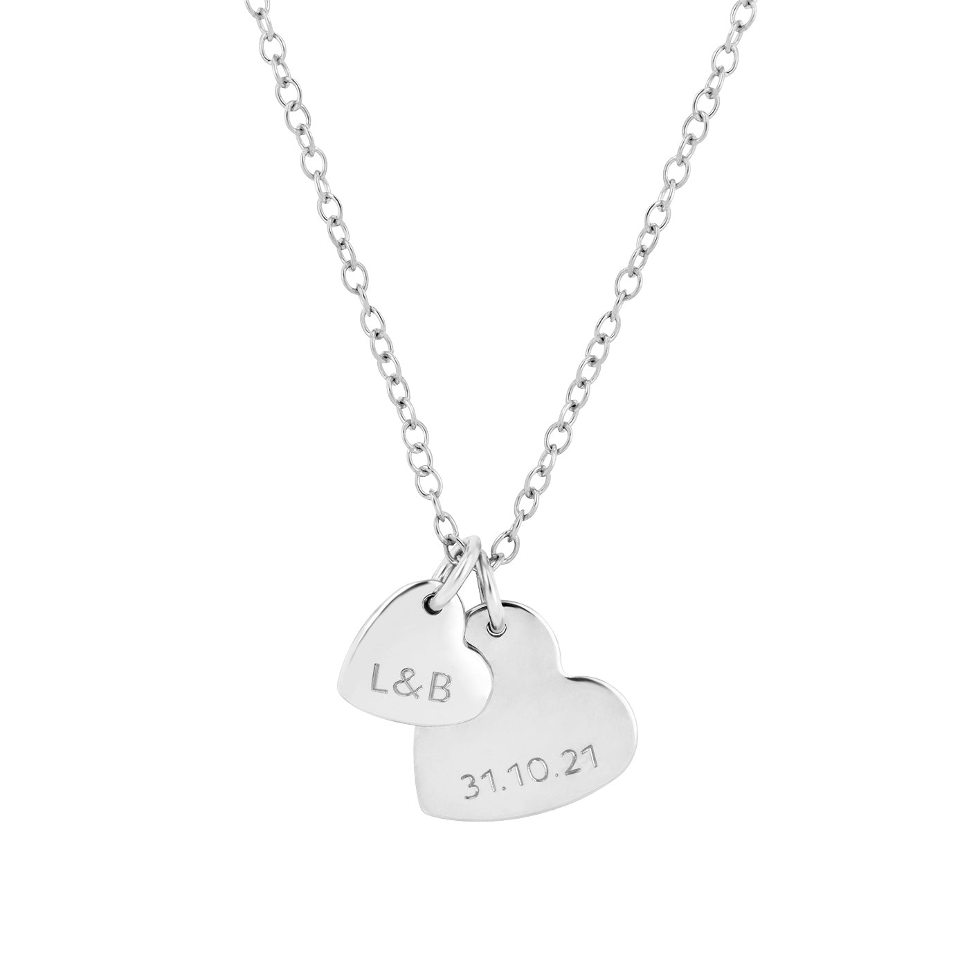 silver double heart necklace with initial and date 