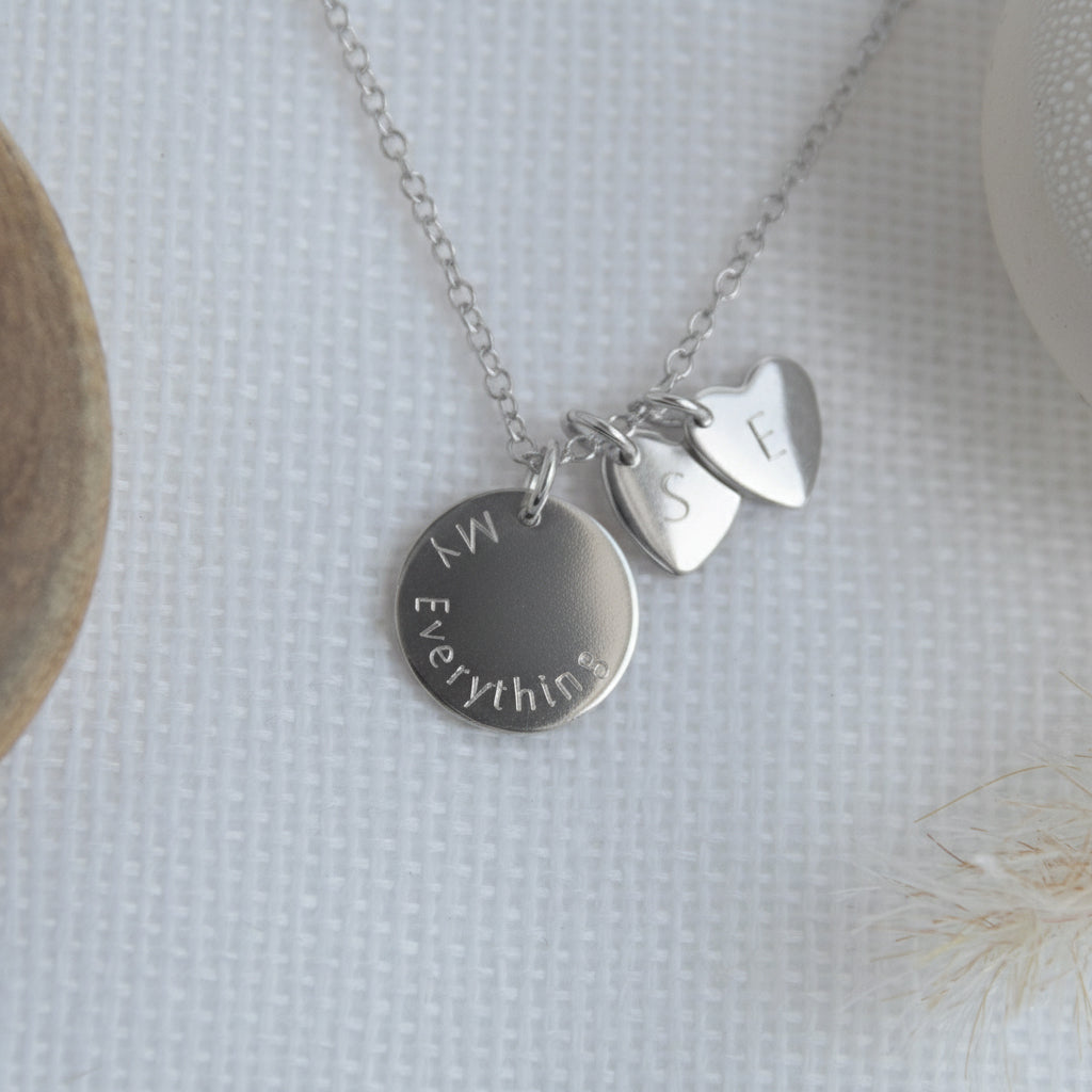 personalised necklace with disc and hearts silver. lulu and belle