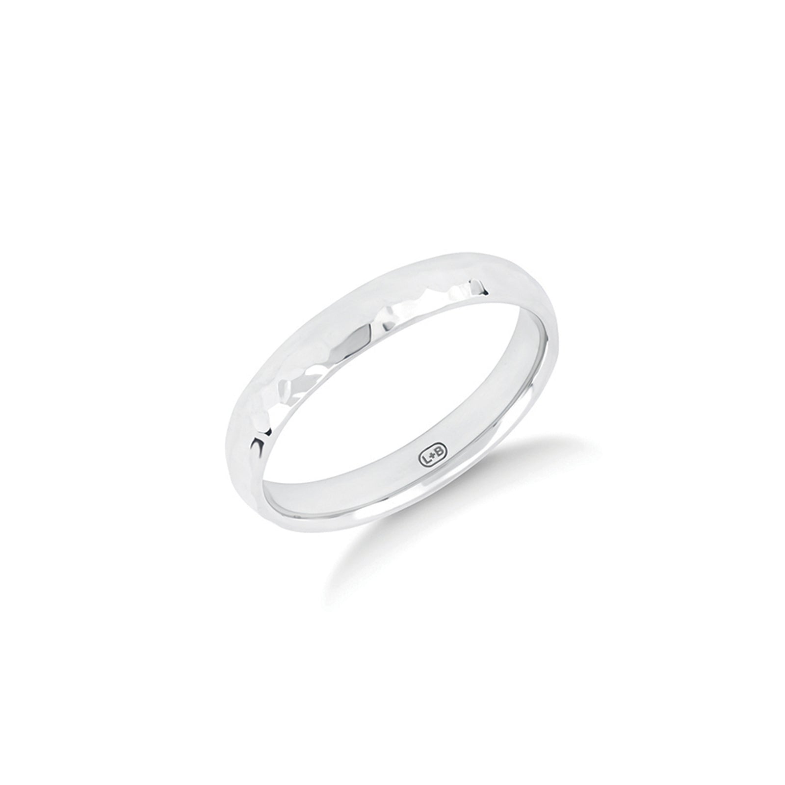 The Anchor wedding ring in platinum, a 4mm men's ring with a hand hammered, polished surface