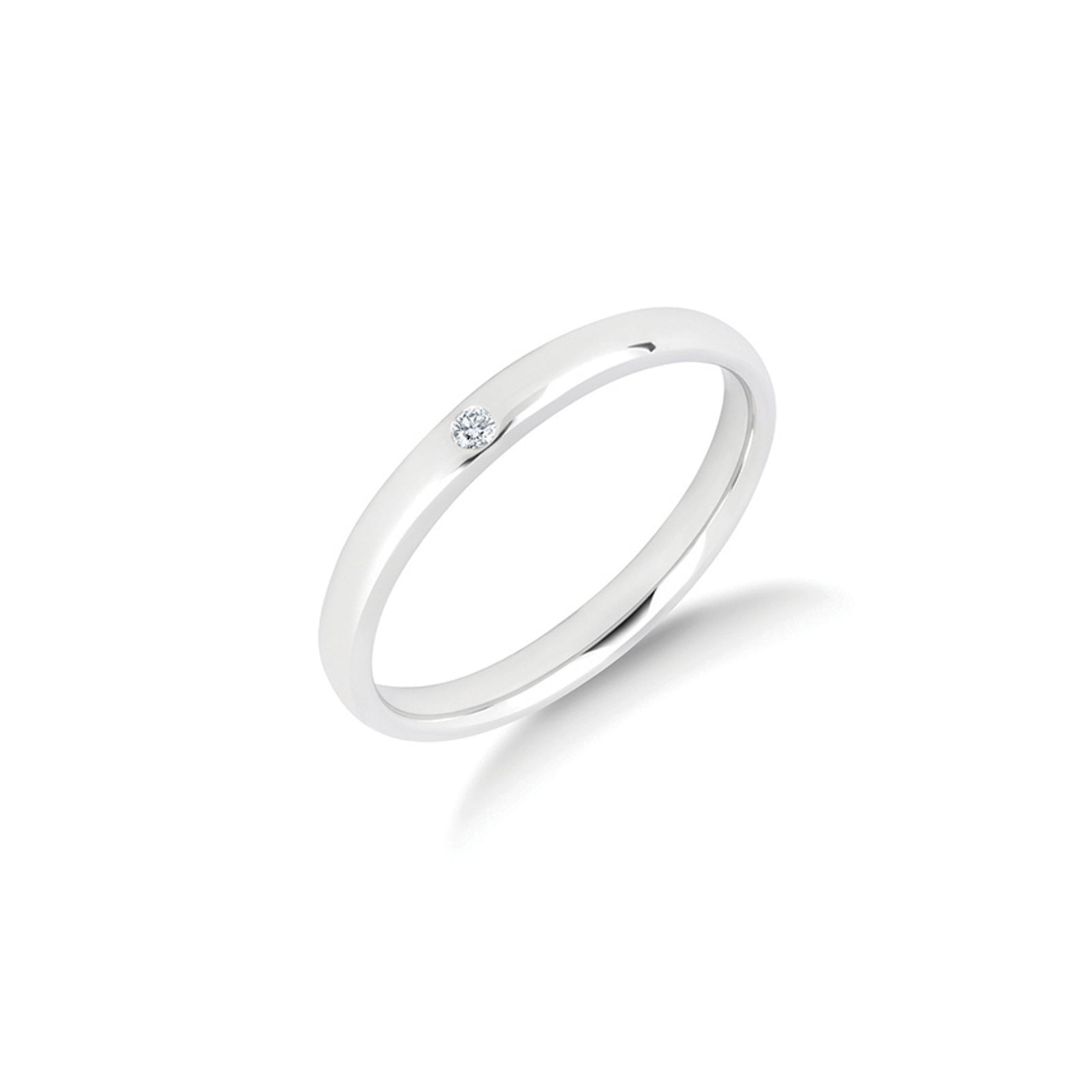 The One diamond wedding ring in platinum, a single bezel set diamond in a slender 2.5mm polished ring