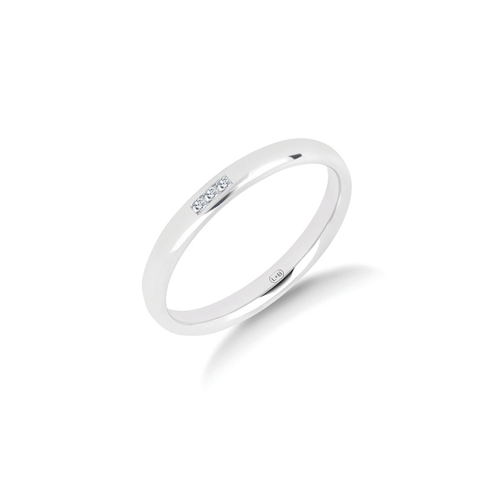 The Three Wishes wedding ring in platinum, a polished 2.5mm women's ring with three channel set diamonds
