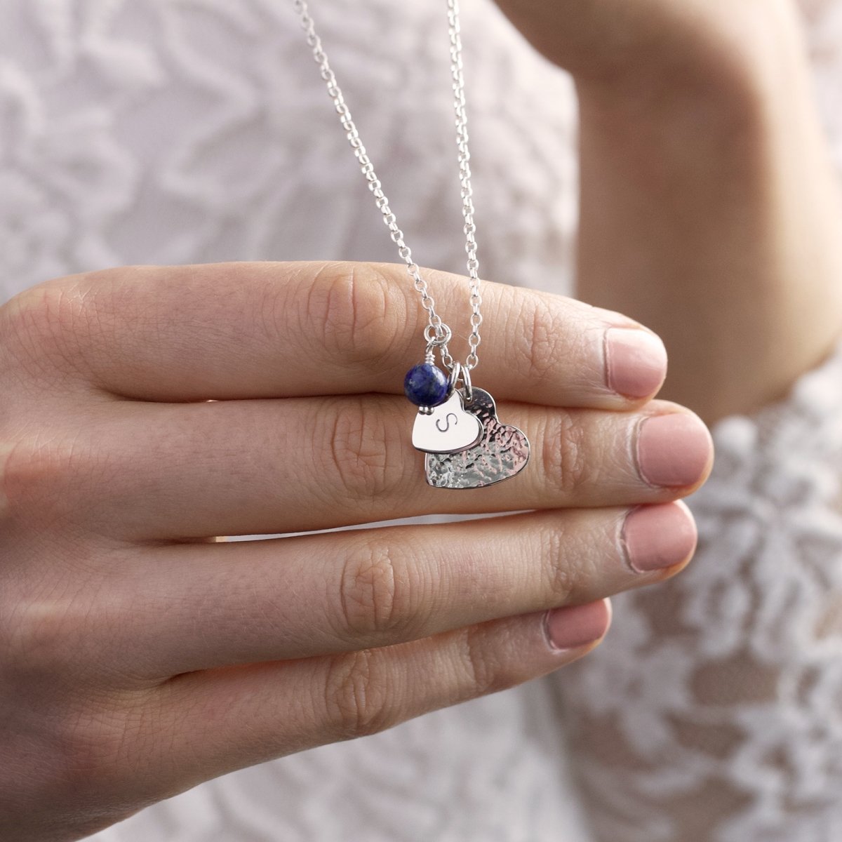 Silver double heart necklace with initial and birthstone - Lulu + Belle Jewellery